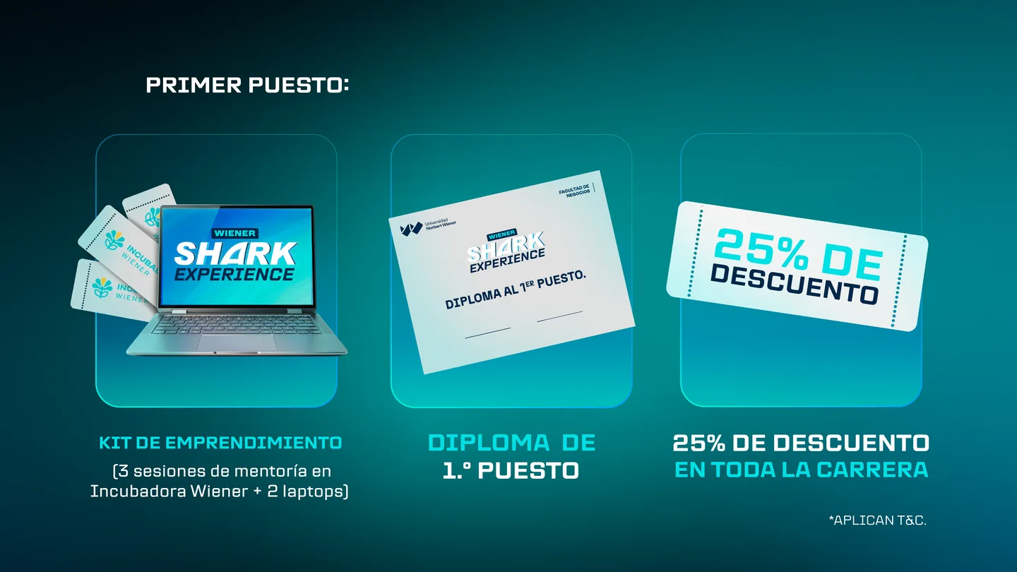 Primer puesto: kit de emprendimiento con 3 sesiones de mentoría en Incubadora Wiener y 2 laptops, diploma de 1.º puesto y 25 % de descuento en toda la carrera. Aplican términos y condiciones.