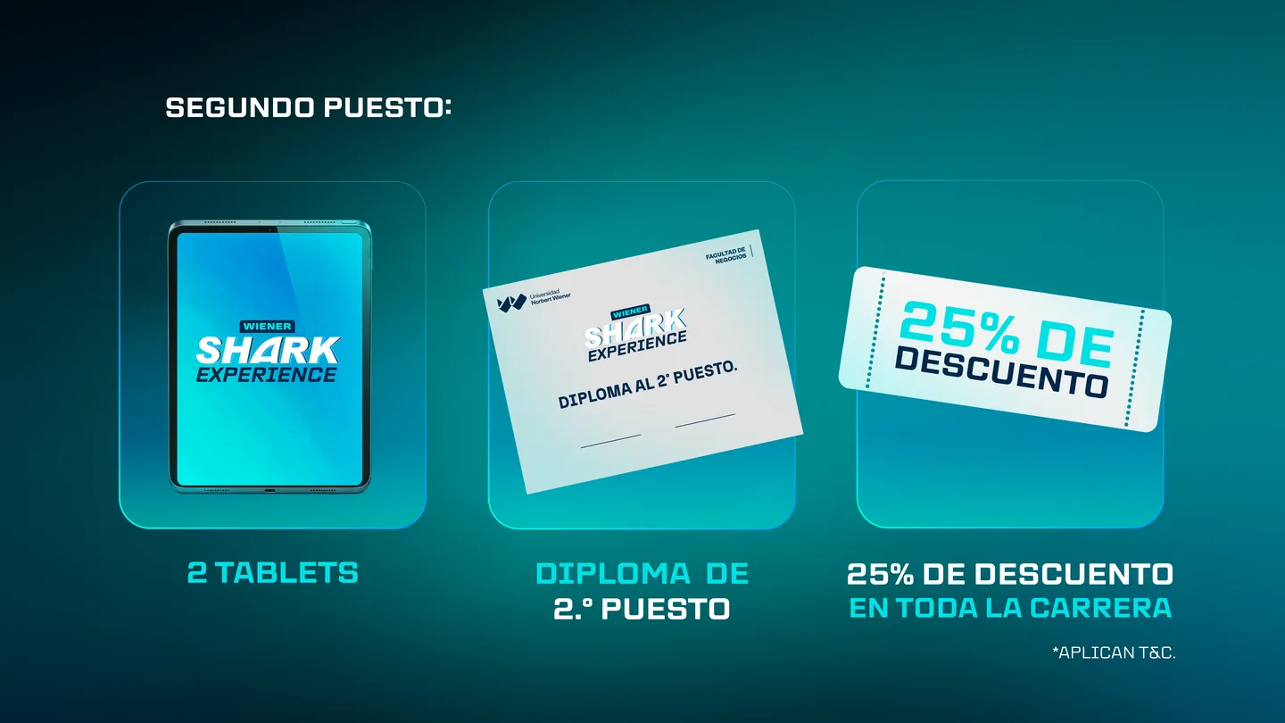 Segundo puesto: 2 tablets, diploma de 2.º puesto y 25 % de descuento en toda la carrera. Aplican términos y condiciones.