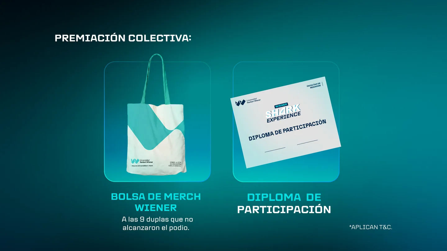 Premiación colectiva: bolsa de merch Wiener para las 9 duplas que no alcanzaron el podio, y diploma de participación. Aplican términos y condiciones.